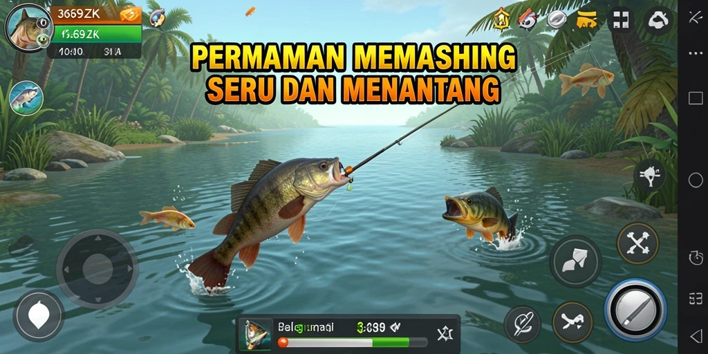 Tangkapan layar gameplay yang menampilkan keseruan memancing di 369ZK.