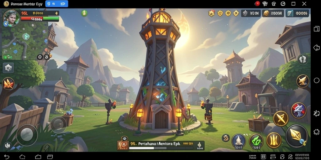 Tampilan gameplay 9SL dengan menara dan musuh yang epik.