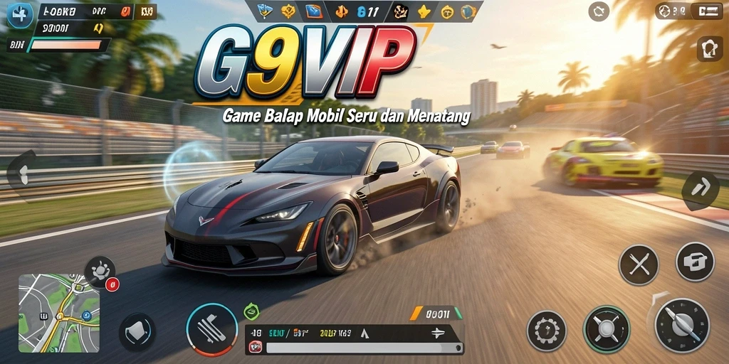Tangkapan layar utama G9VIP menunjukkan aksi balap yang intens dan penuh adrenalin.