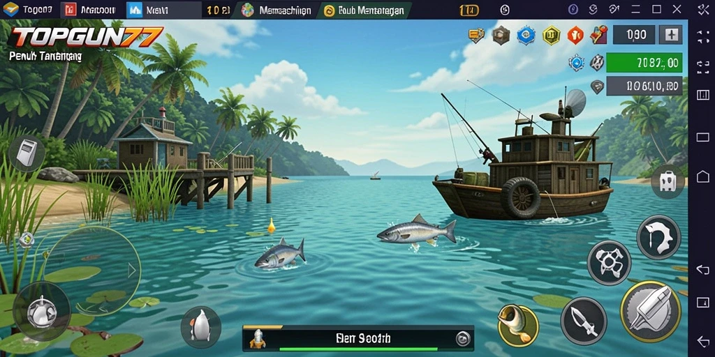 Screenshot gameplay <strong>TOPGUN77</strong> menampilkan aksi menarik saat memancing ikan.